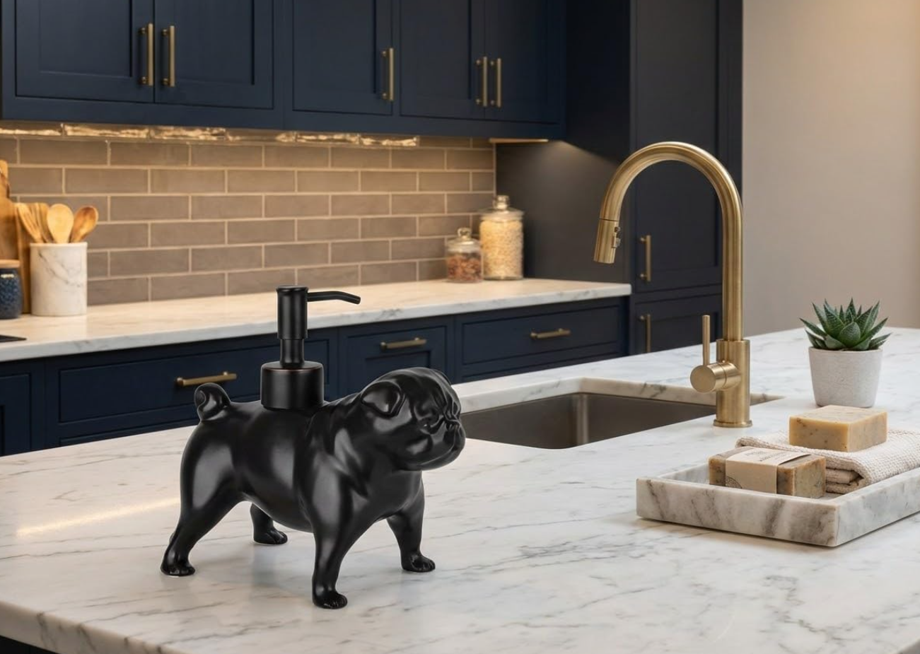 Black pug soap dispenser styled on a kitchen island